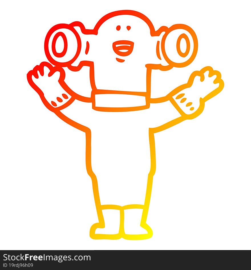 warm gradient line drawing of a friendly cartoon alien waving