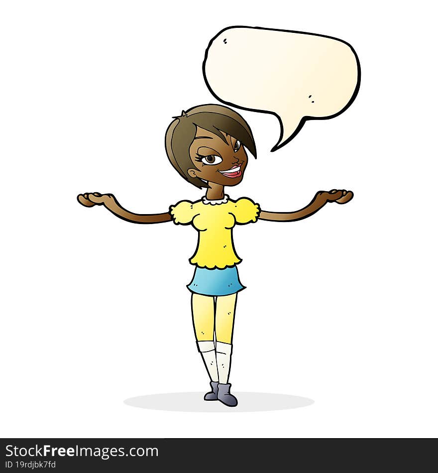 cartoon woman making open arm gesture with speech bubble