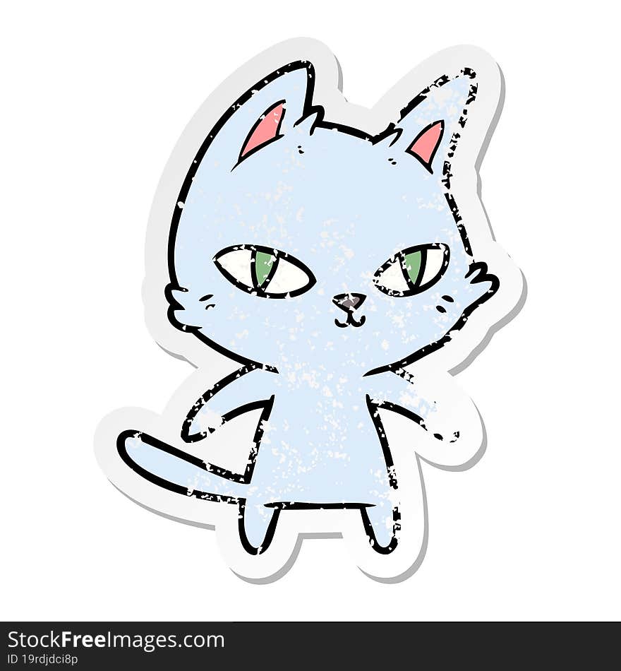 Distressed Sticker Of A Cartoon Cat Staring