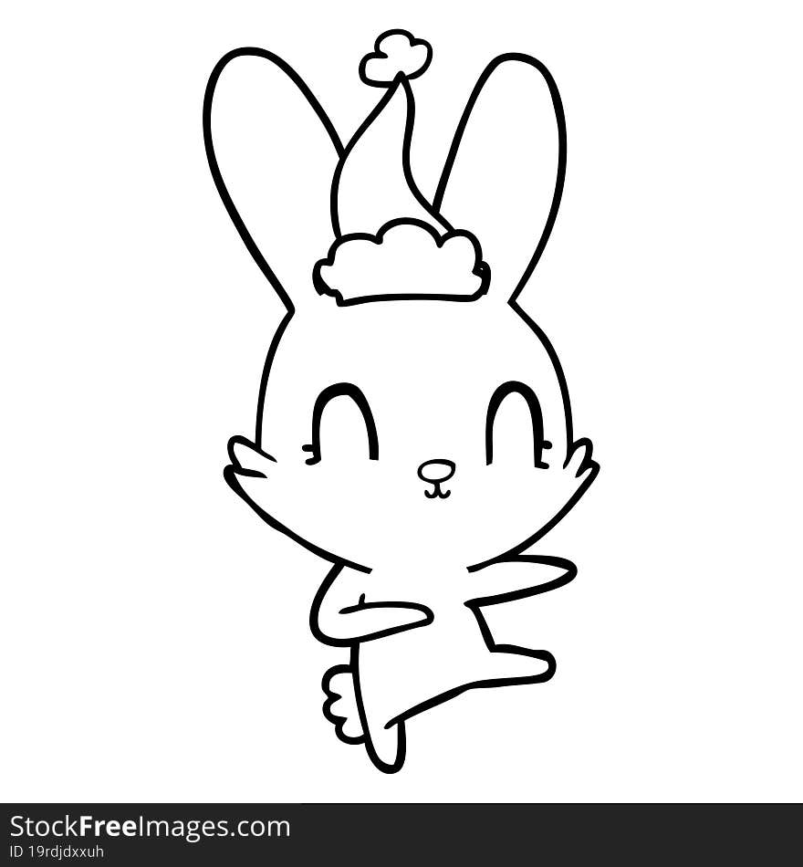 cute line drawing of a rabbit dancing wearing santa hat