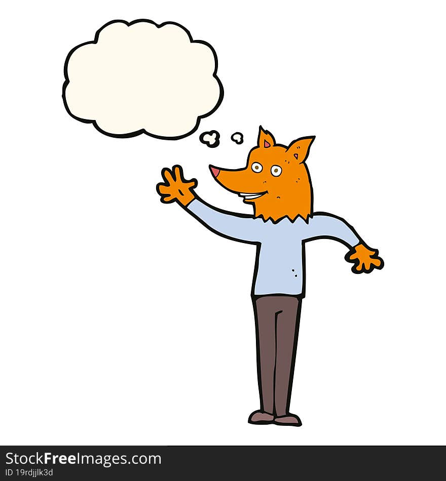 cartoon waving fox man with thought bubble