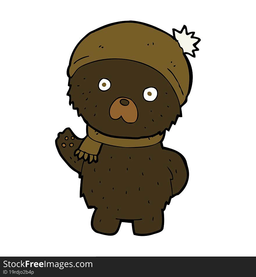 cartoon cute black bear in winter hat and scarf