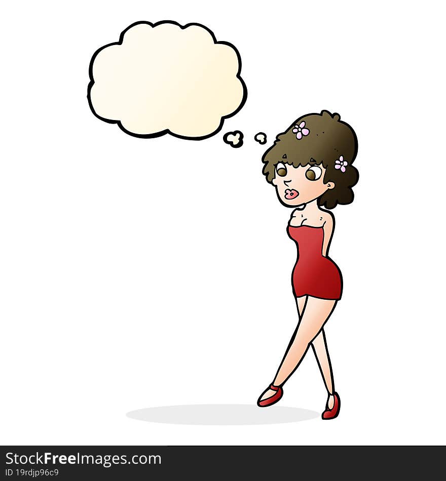 cartoon woman posing in dress with thought bubble