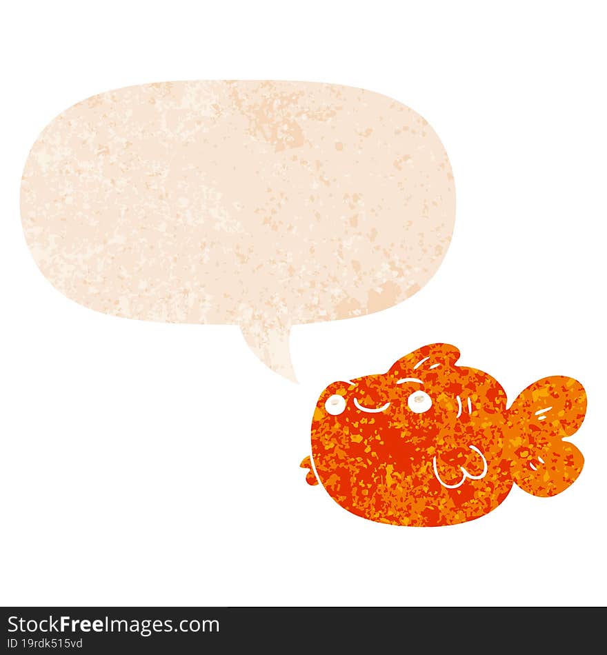 cartoon fish and speech bubble in retro textured style