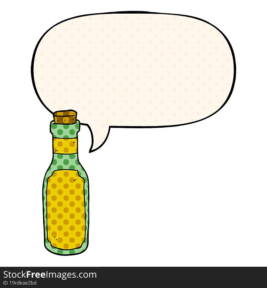 cartoon potion bottle and speech bubble in comic book style