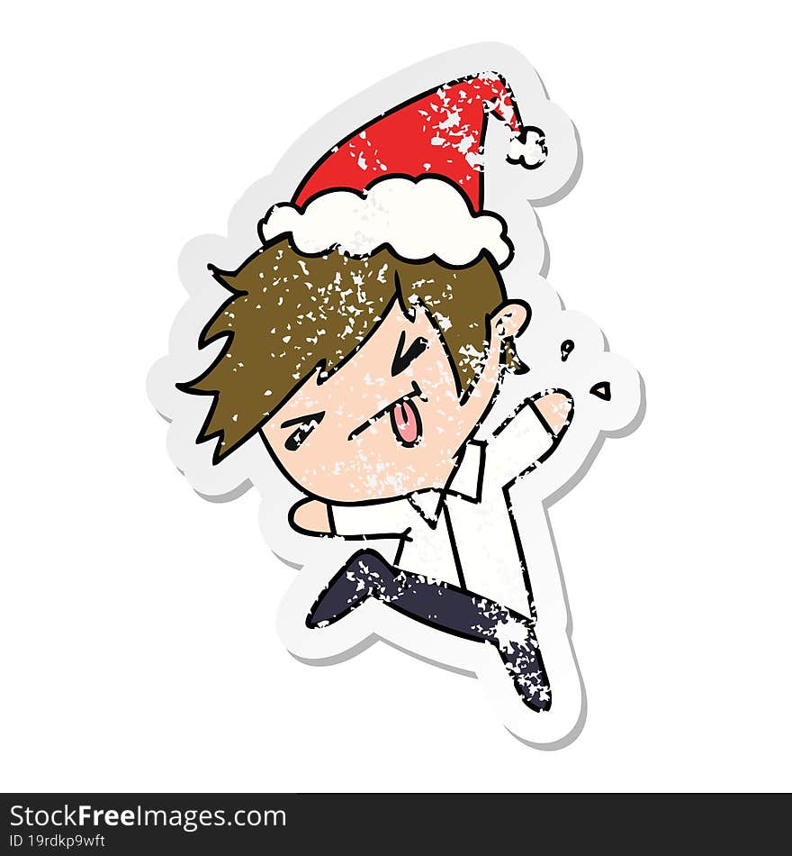 hand drawn christmas distressed sticker cartoon of kawaii boy