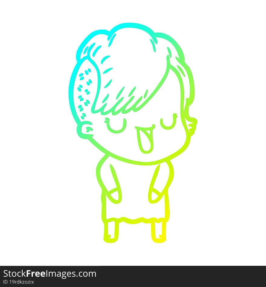 cold gradient line drawing cute cartoon girl with hipster haircut