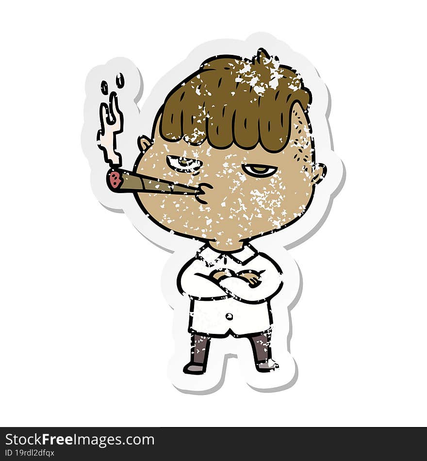 distressed sticker of a cartoon man smoking