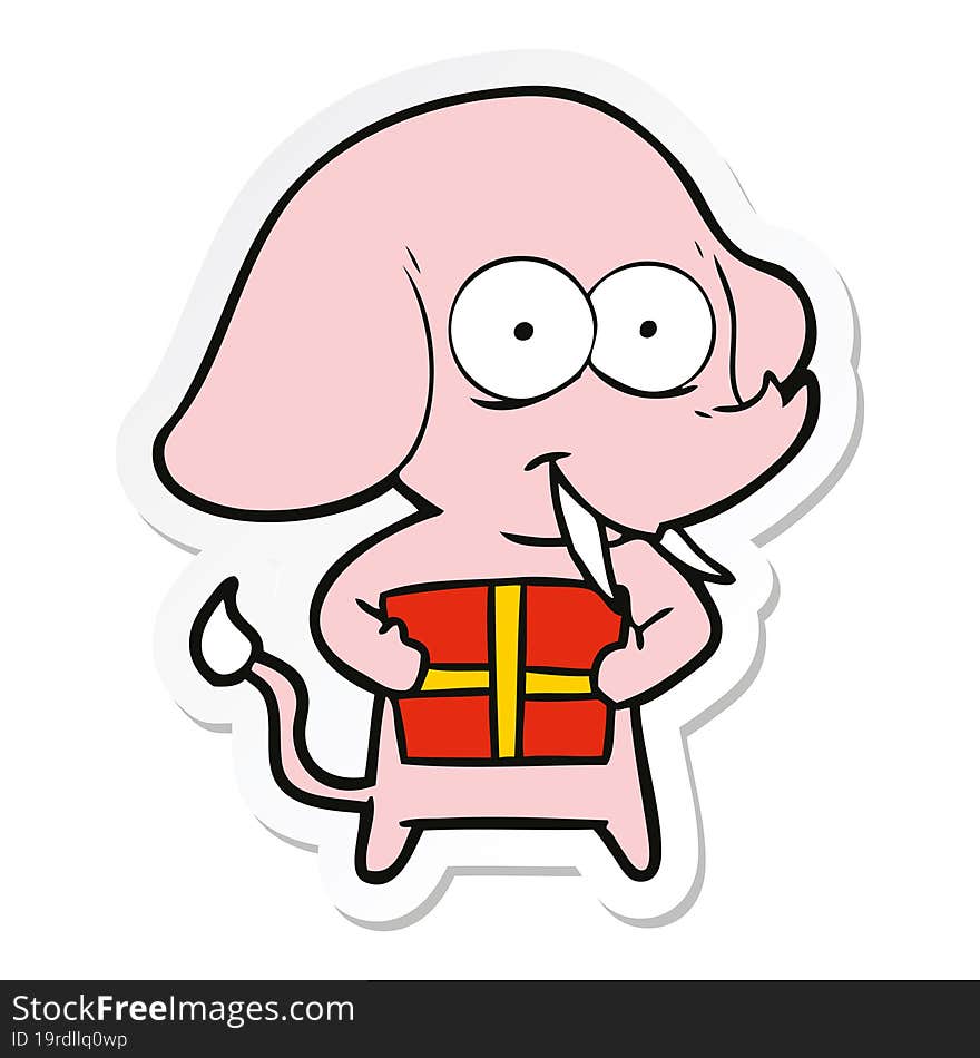 sticker of a happy cartoon elephant with present