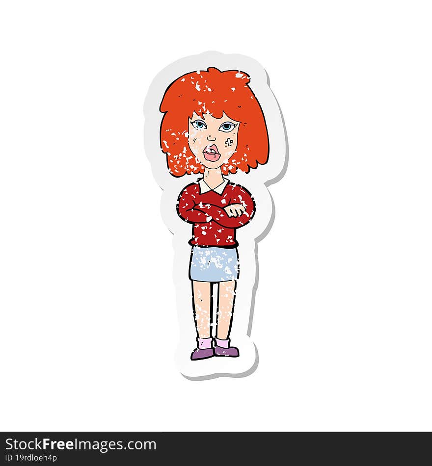 retro distressed sticker of a cartoon tough woman with folded arms