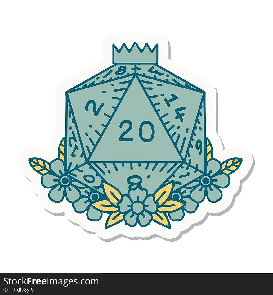 natural 20 D20 dice roll with floral elements sticker