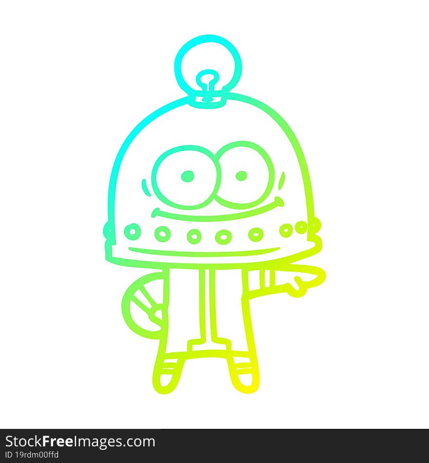 cold gradient line drawing of a happy carton robot with light bulb