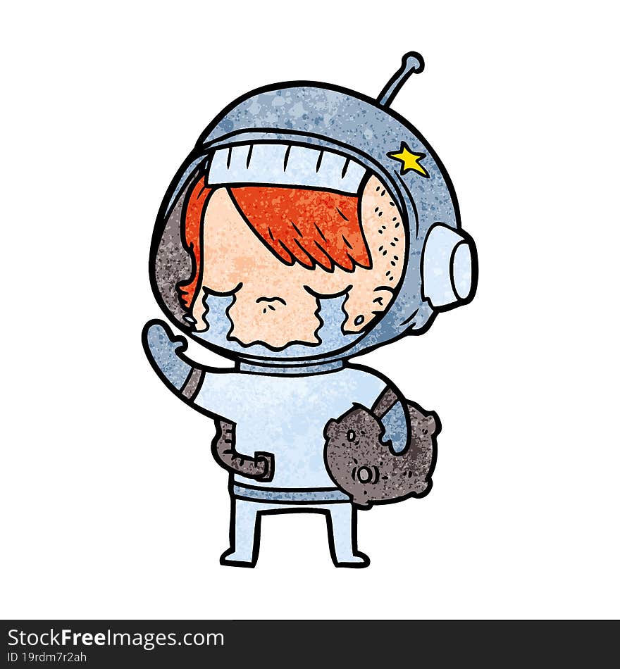 cartoon crying astronaut girl carrying rock sample. cartoon crying astronaut girl carrying rock sample