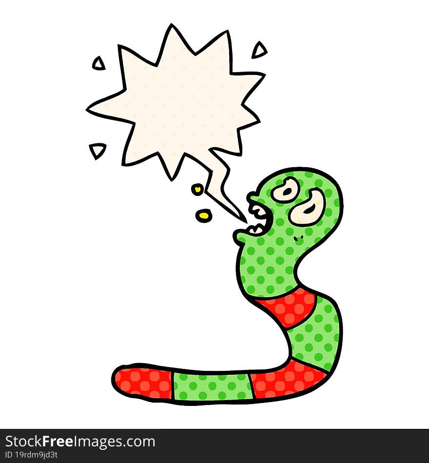 cartoon frightened worm with speech bubble in comic book style