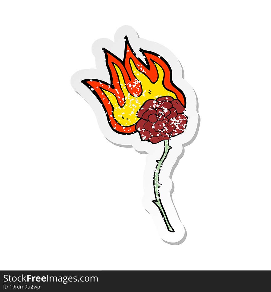 retro distressed sticker of a cartoon burning rose