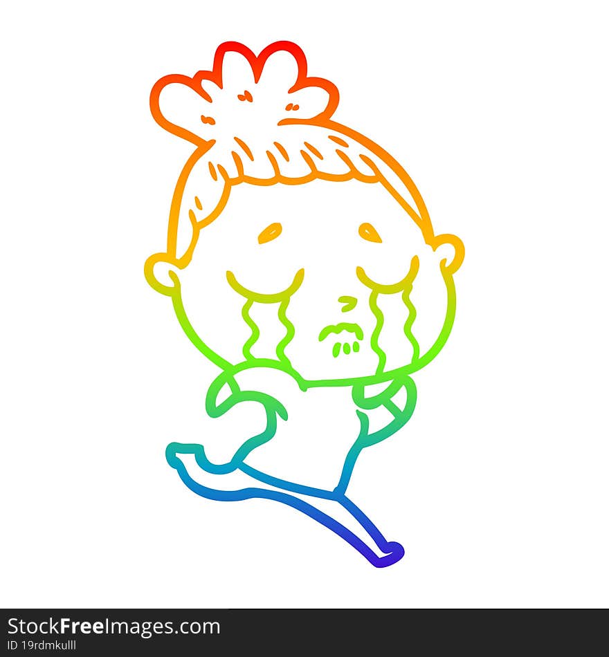 rainbow gradient line drawing cartoon crying woman running away