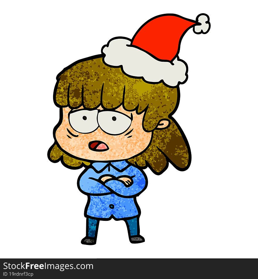 textured cartoon of a tired woman wearing santa hat