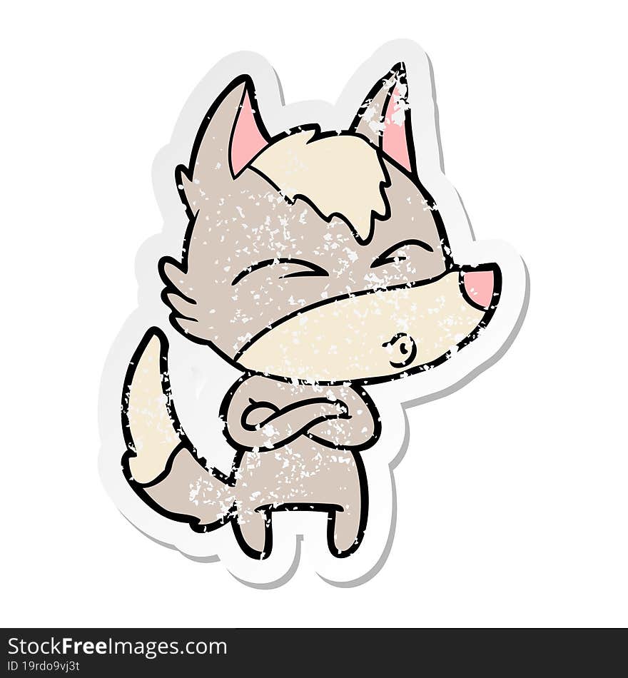 Distressed Sticker Of A Cartoon Wolf Whistling