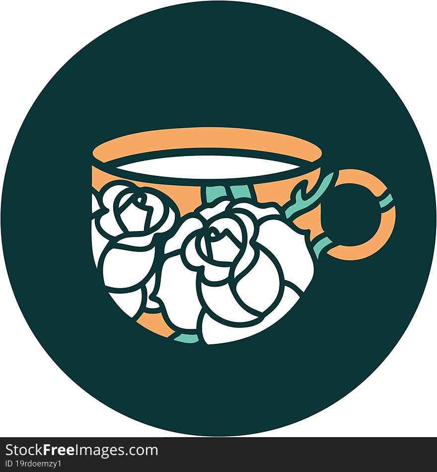 Tattoo Style Icon Of A Cup And Flowers