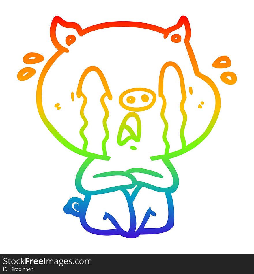 Rainbow Gradient Line Drawing Crying Pig Cartoon