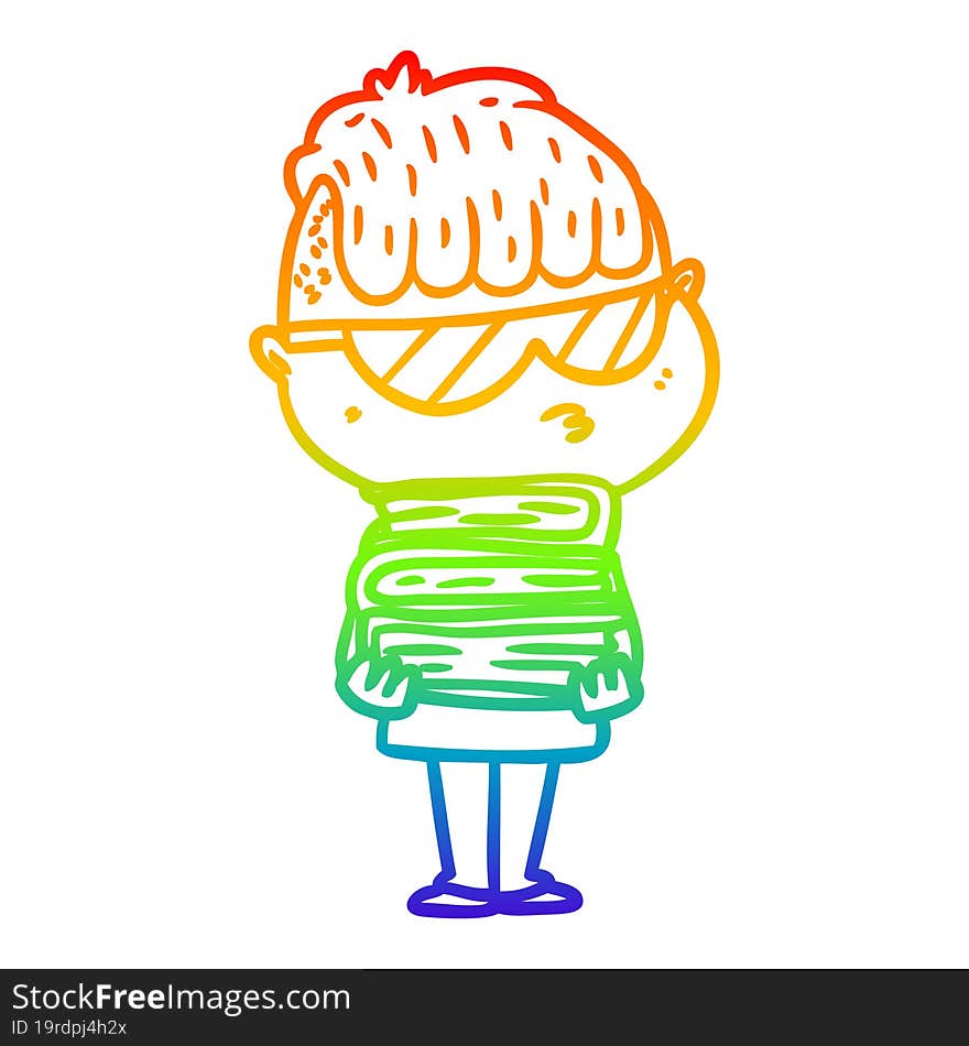 Rainbow Gradient Line Drawing Cartoon Boy Wearing Sunglasses With Stack Of Books