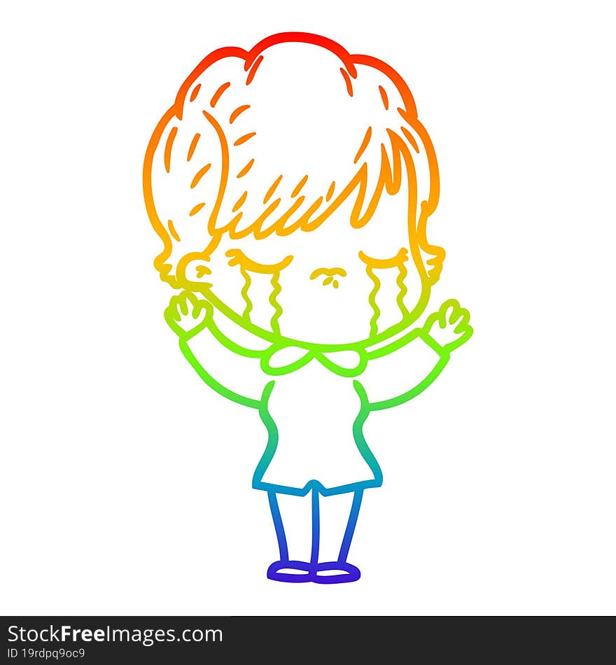 Rainbow Gradient Line Drawing Cartoon Woman Crying