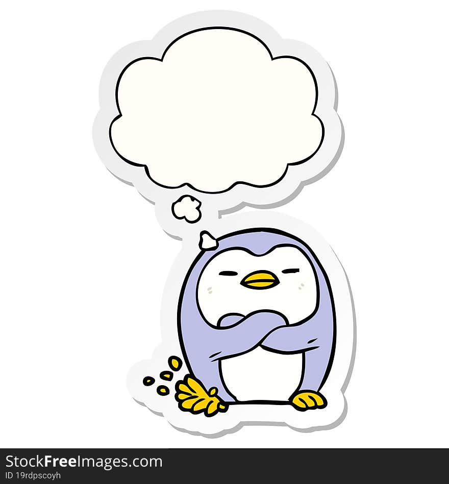 cartoon penguin tapping foot and thought bubble as a printed sticker