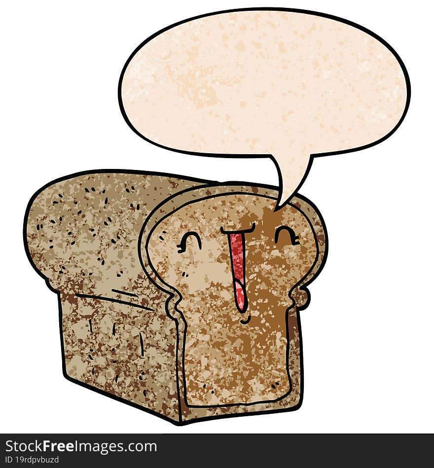 cute cartoon loaf of bread with speech bubble in retro texture style