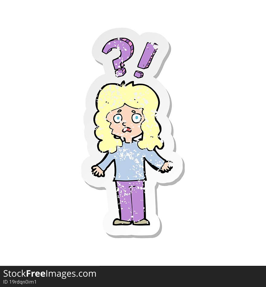 Retro Distressed Sticker Of A Cartoon Confused Woman