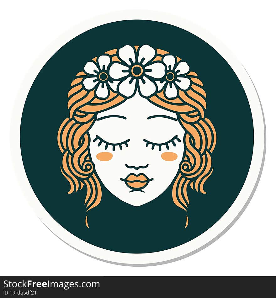 tattoo style sticker of female face with eyes closed