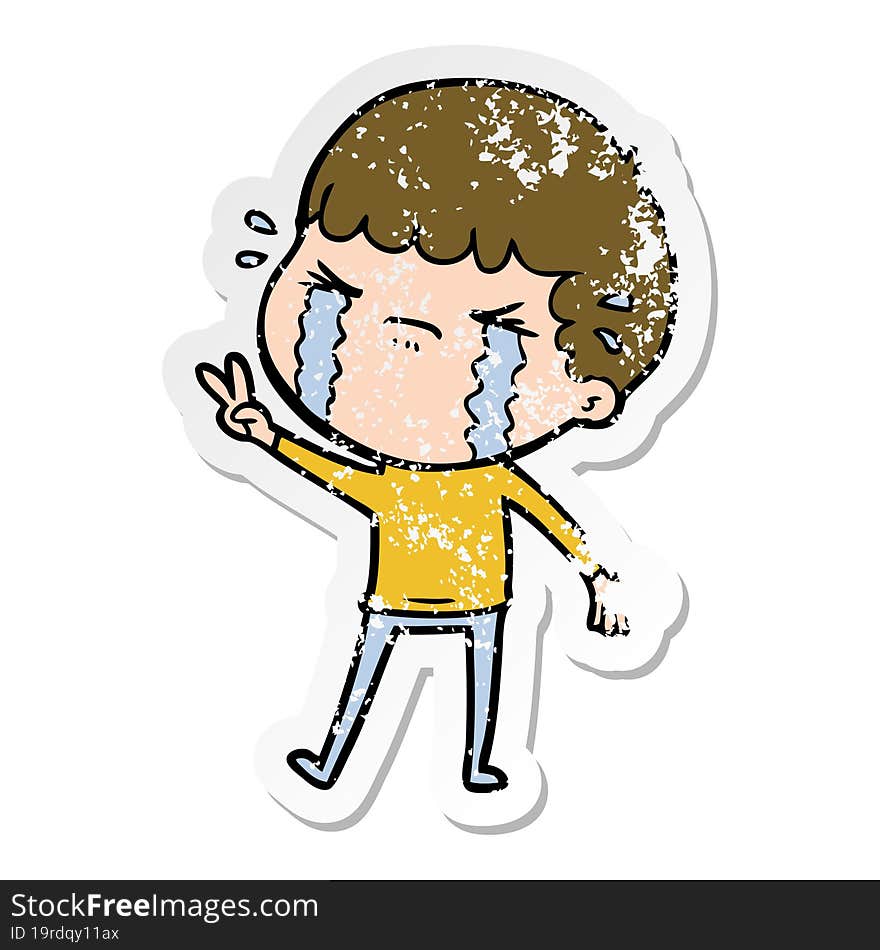 distressed sticker of a cartoon man crying