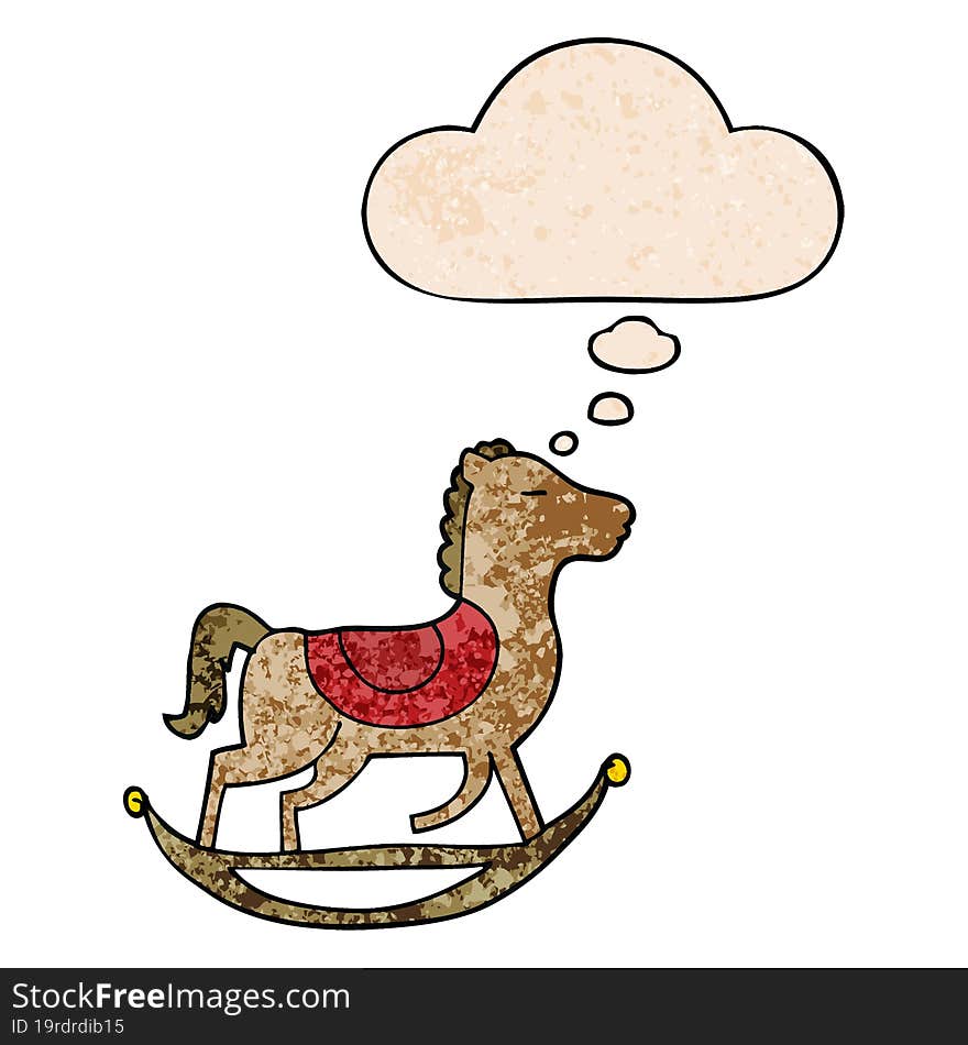 Cartoon Rocking Horse And Thought Bubble In Grunge Texture Pattern Style