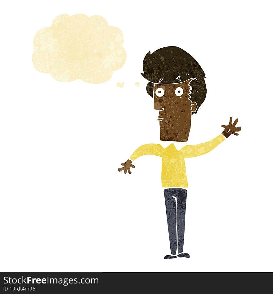 cartoon nervous man waving with thought bubble