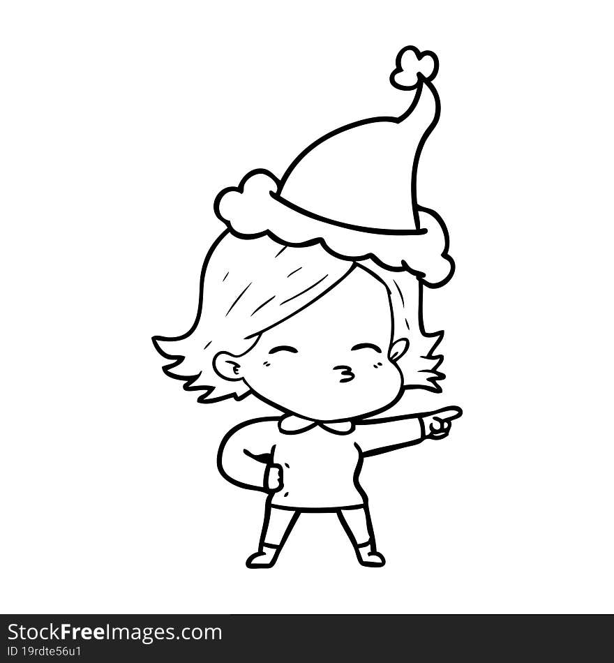 line drawing of a woman pointing wearing santa hat