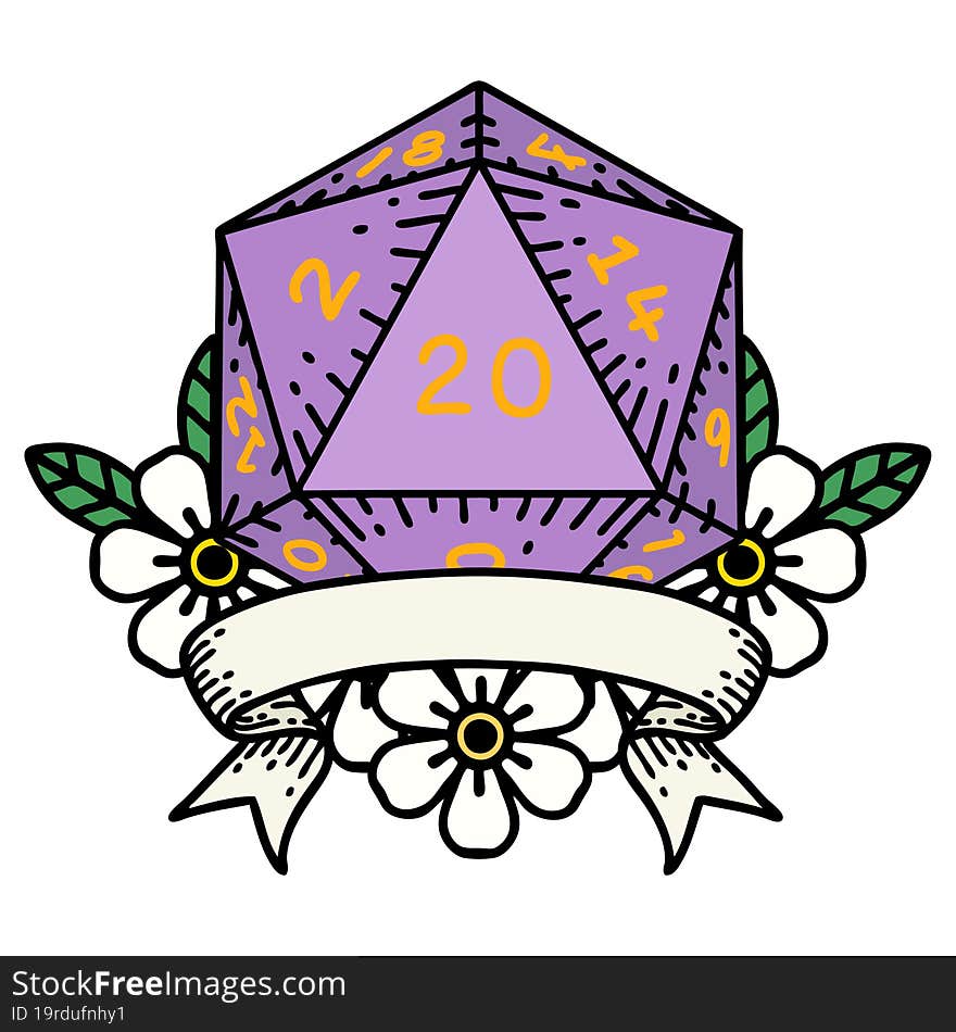 Retro Tattoo Style natural 20 critical hit D20 dice roll. Retro Tattoo Style natural 20 critical hit D20 dice roll