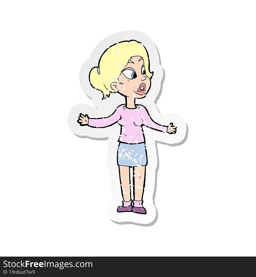 retro distressed sticker of a cartoon pretty woman explaining something