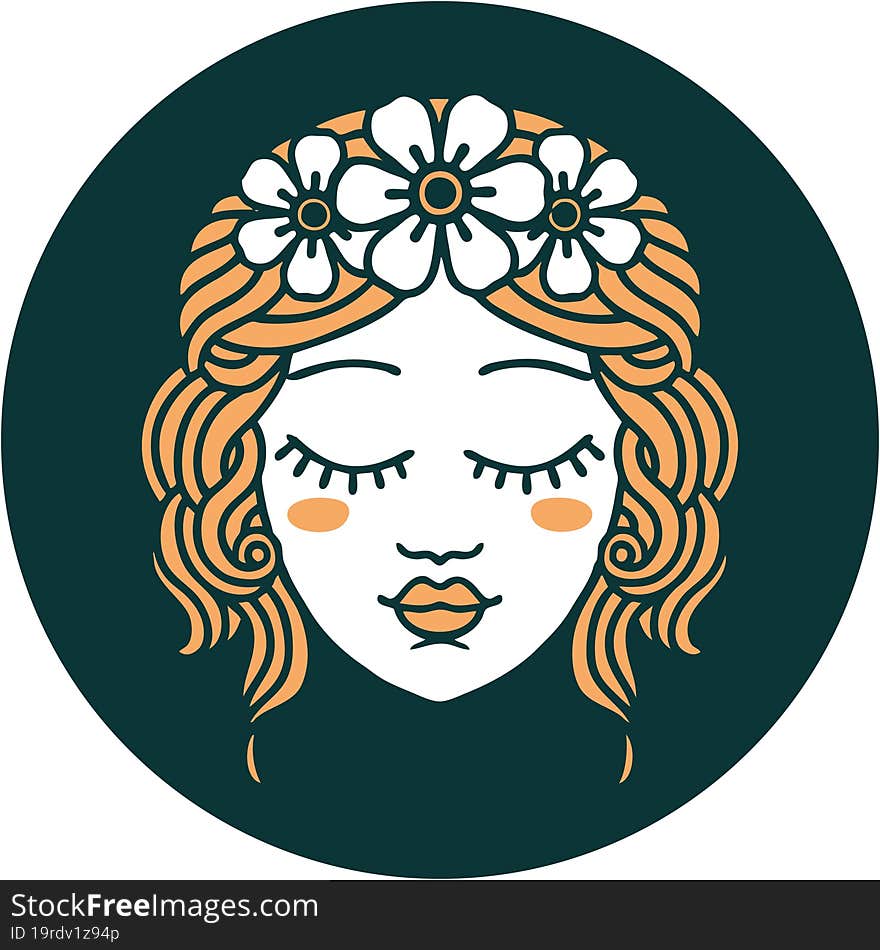 tattoo style icon of female face with eyes closed