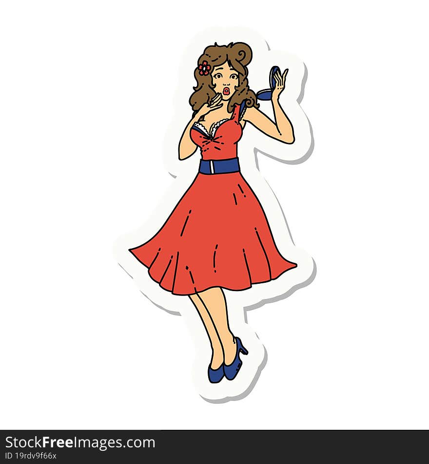 sticker of tattoo in traditional style of a pinup surprised girl. sticker of tattoo in traditional style of a pinup surprised girl