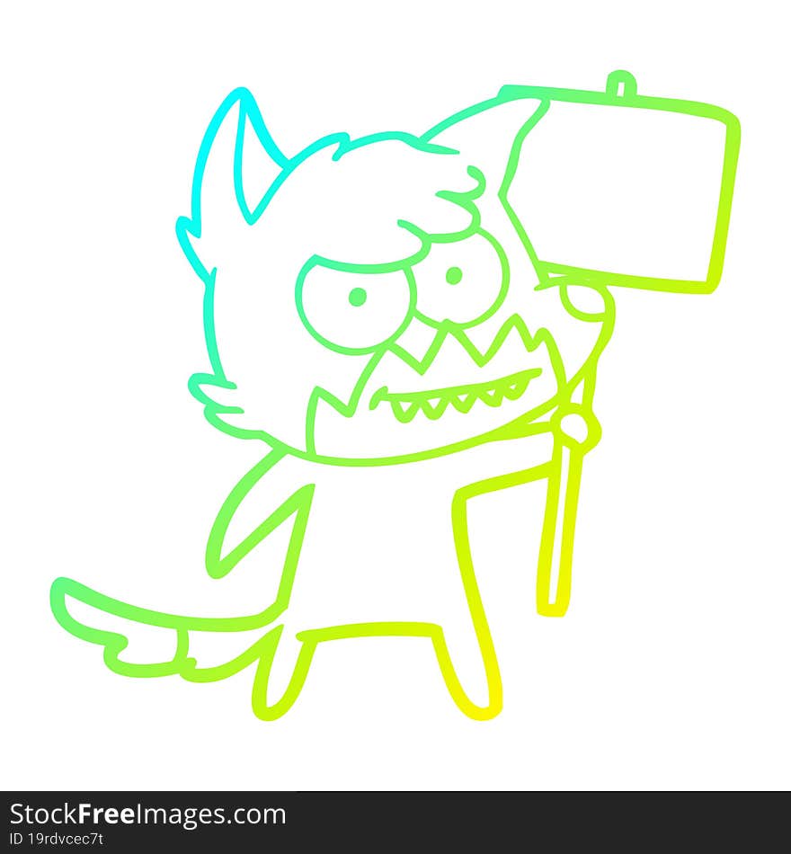 cold gradient line drawing of a cartoon grinning fox with protest sign