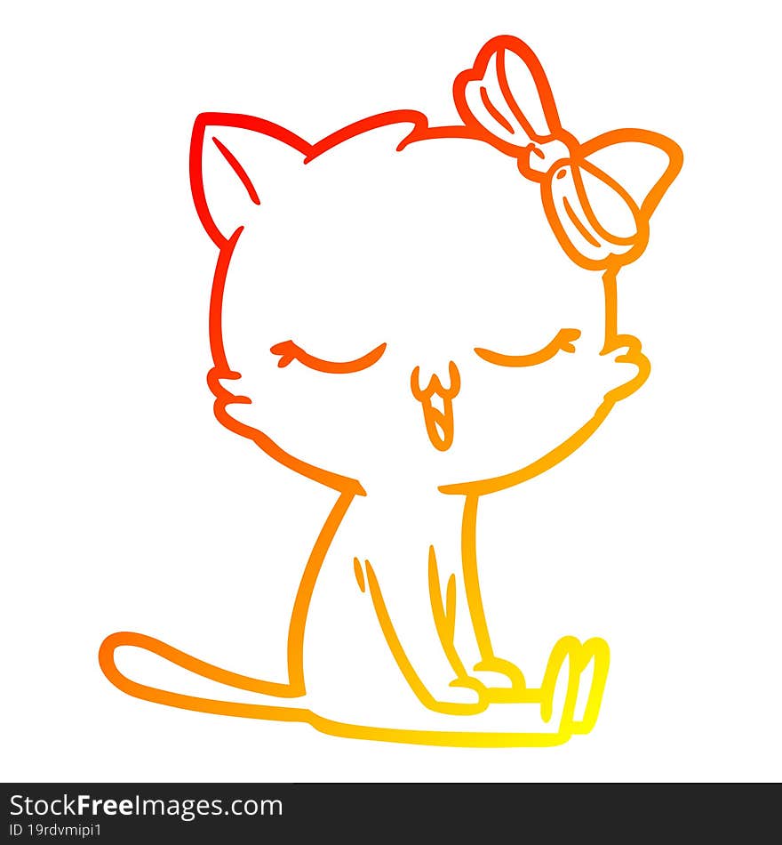 warm gradient line drawing of a cartoon cat with bow on head