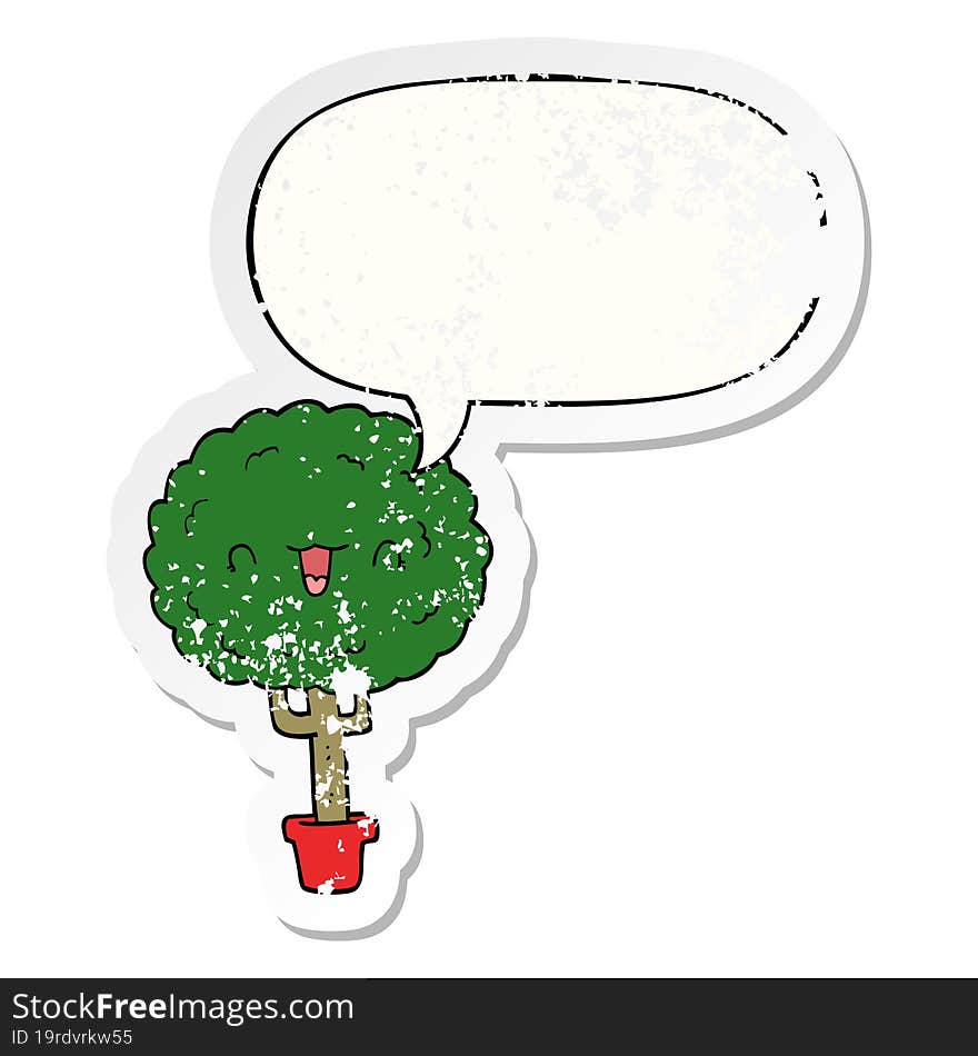 cartoon happy tree and speech bubble distressed sticker