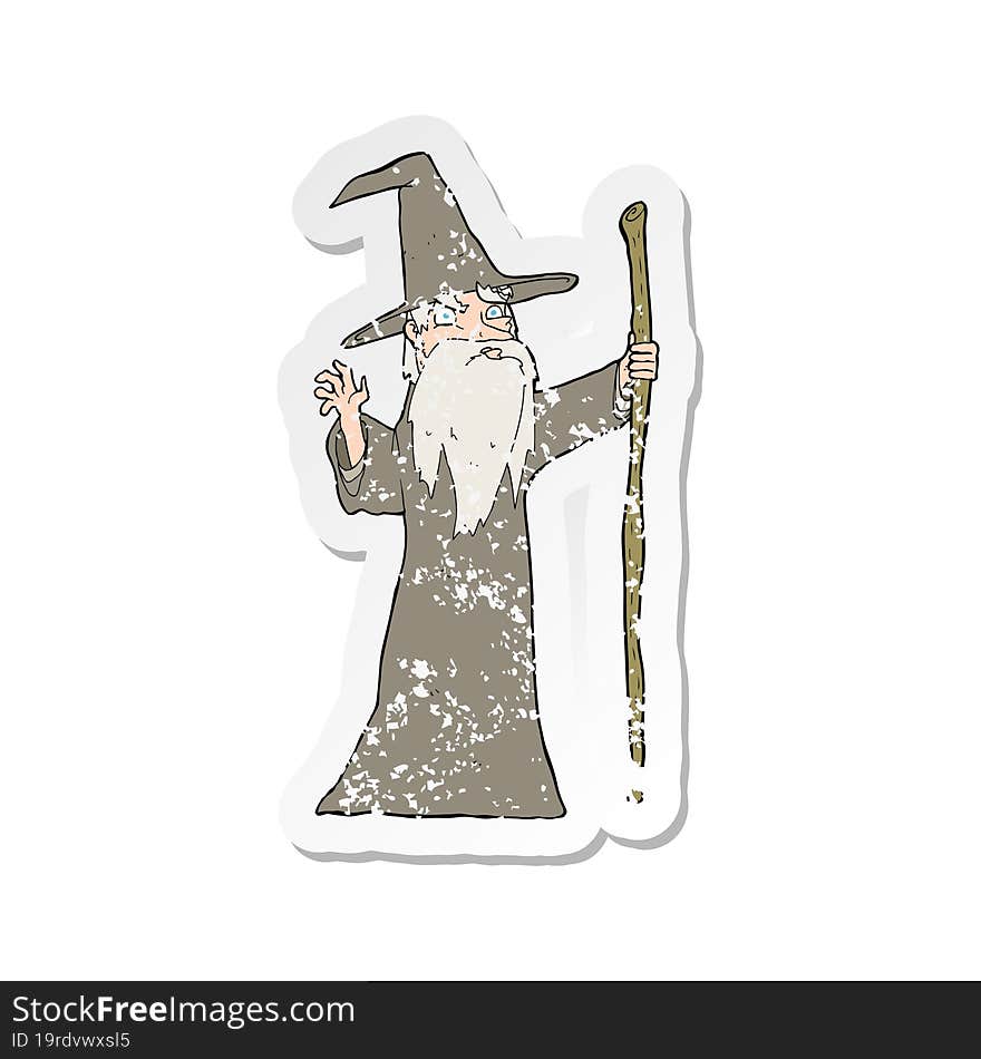 retro distressed sticker of a cartoon old wizard