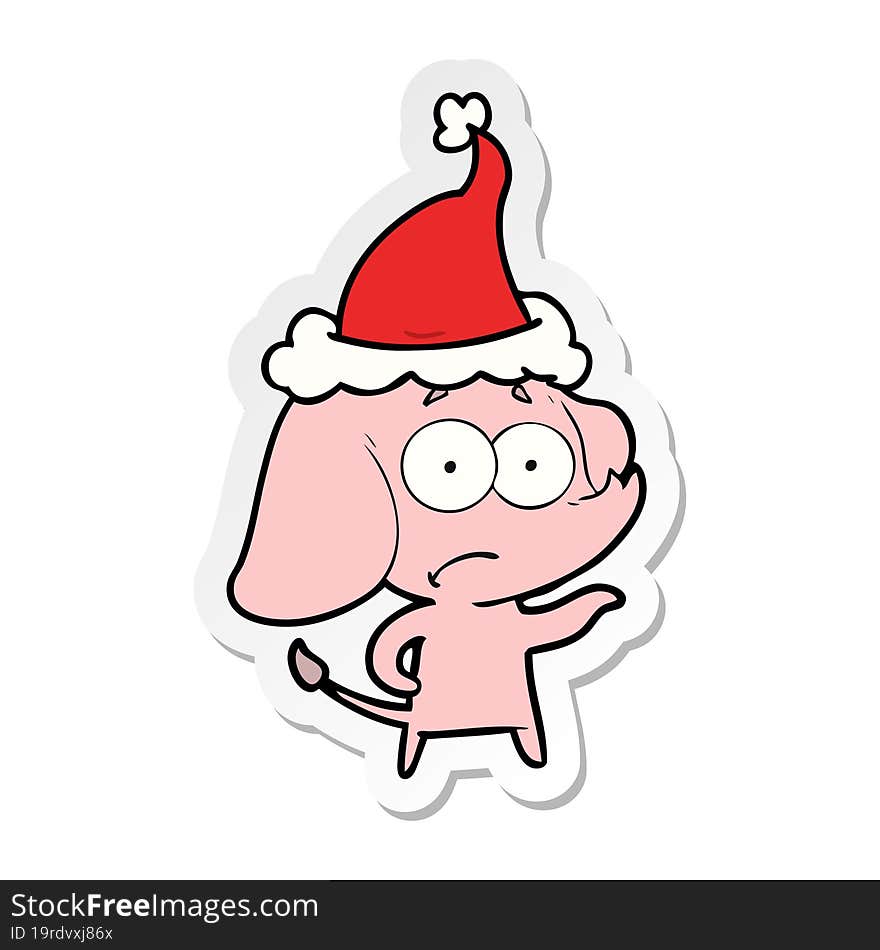 Sticker Cartoon Of A Unsure Elephant Wearing Santa Hat