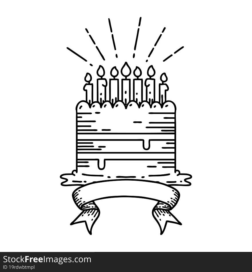 Banner With Black Line Work Tattoo Style Birthday Cake