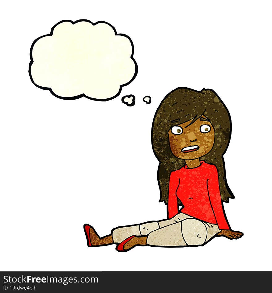 cartoon girl sitting on floor with thought bubble