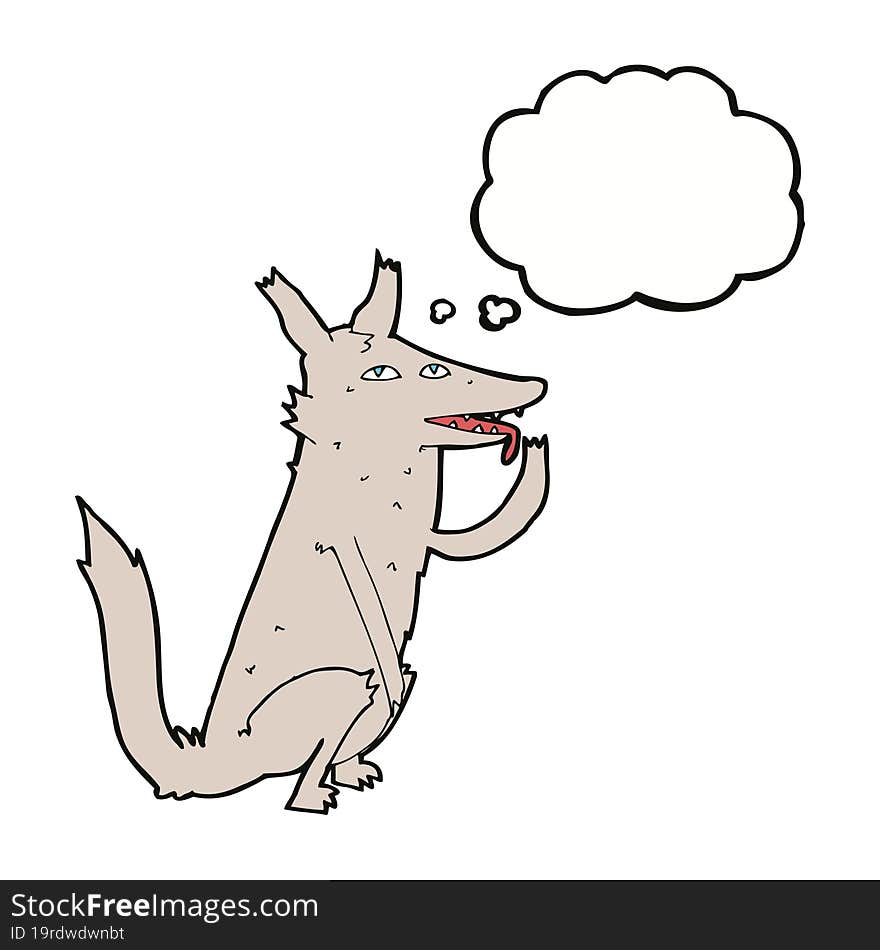 cartoon wolf licking paw with thought bubble