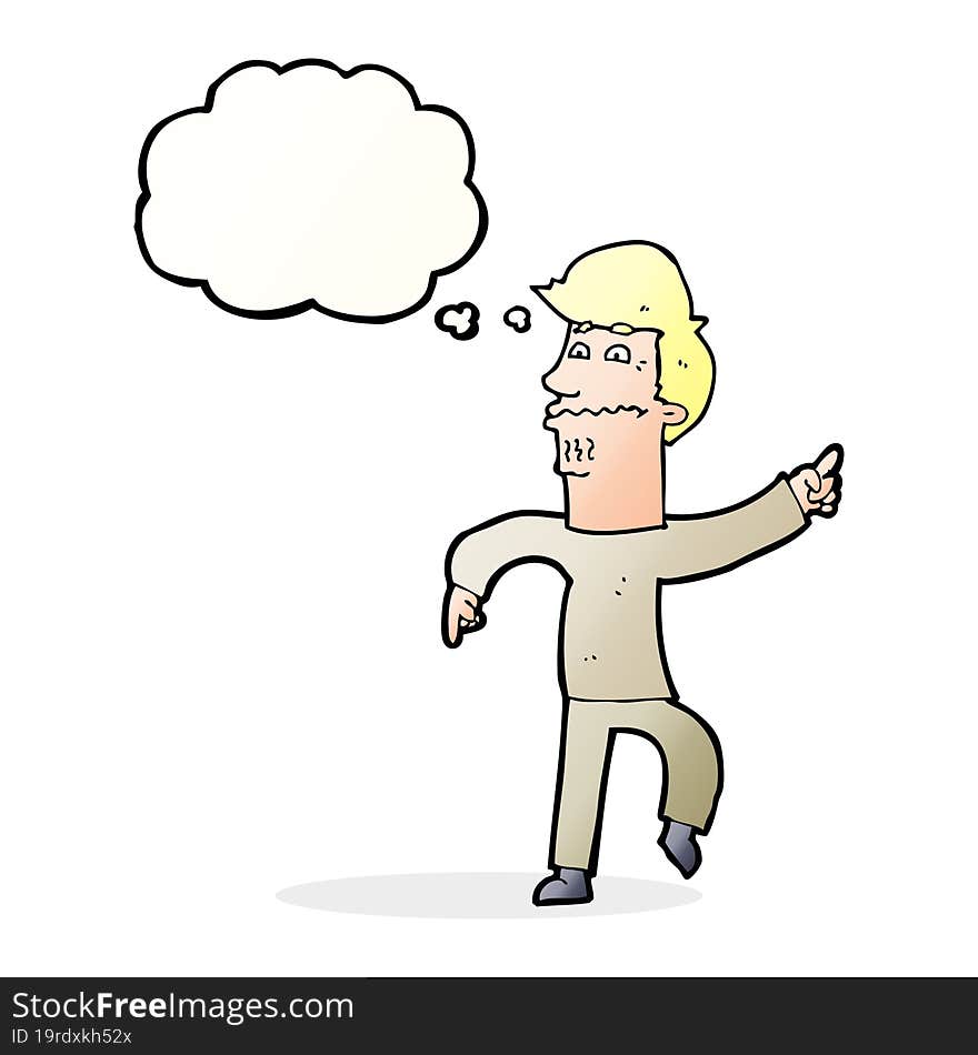 cartoon worried man pointing with thought bubble