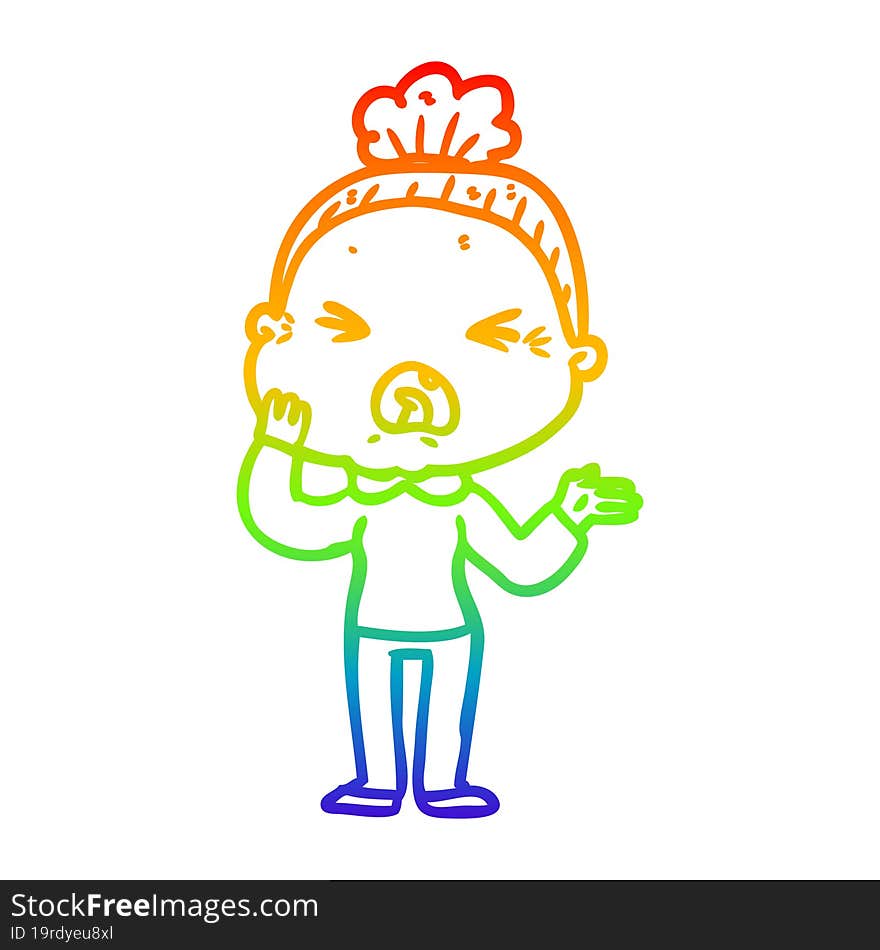 rainbow gradient line drawing cartoon angry old woman