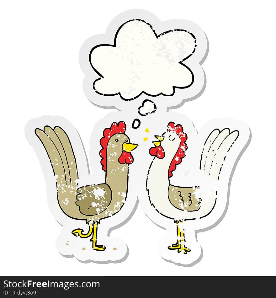 cartoon chickens and thought bubble as a distressed worn sticker