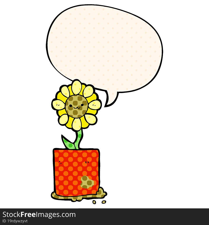 cute cartoon flower and speech bubble in comic book style